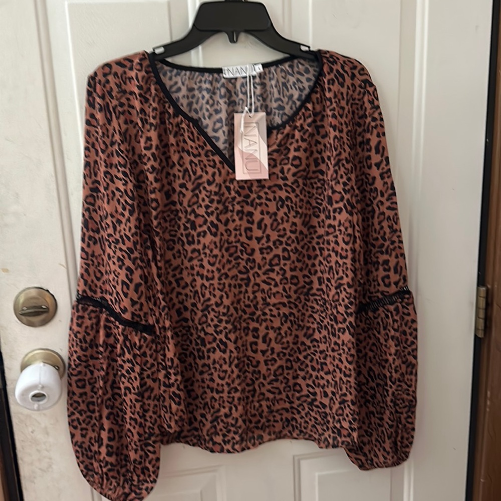 NANU LEOPARD PRINT BLOUSE: BROWN/BLACK: NEW WITH TAGS: SIZE L